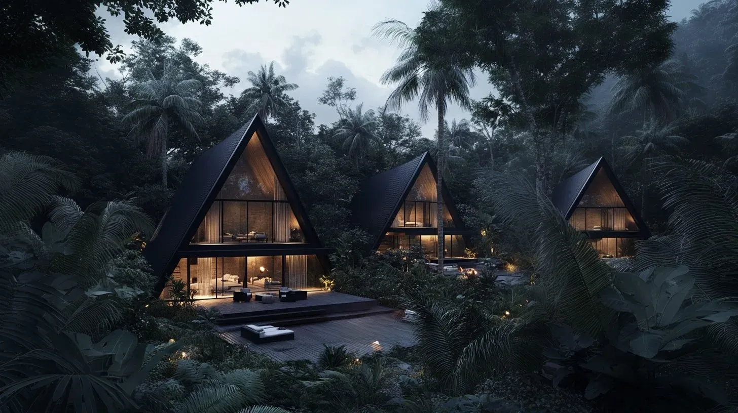 A-frame villas among tropical trees at dusk, render