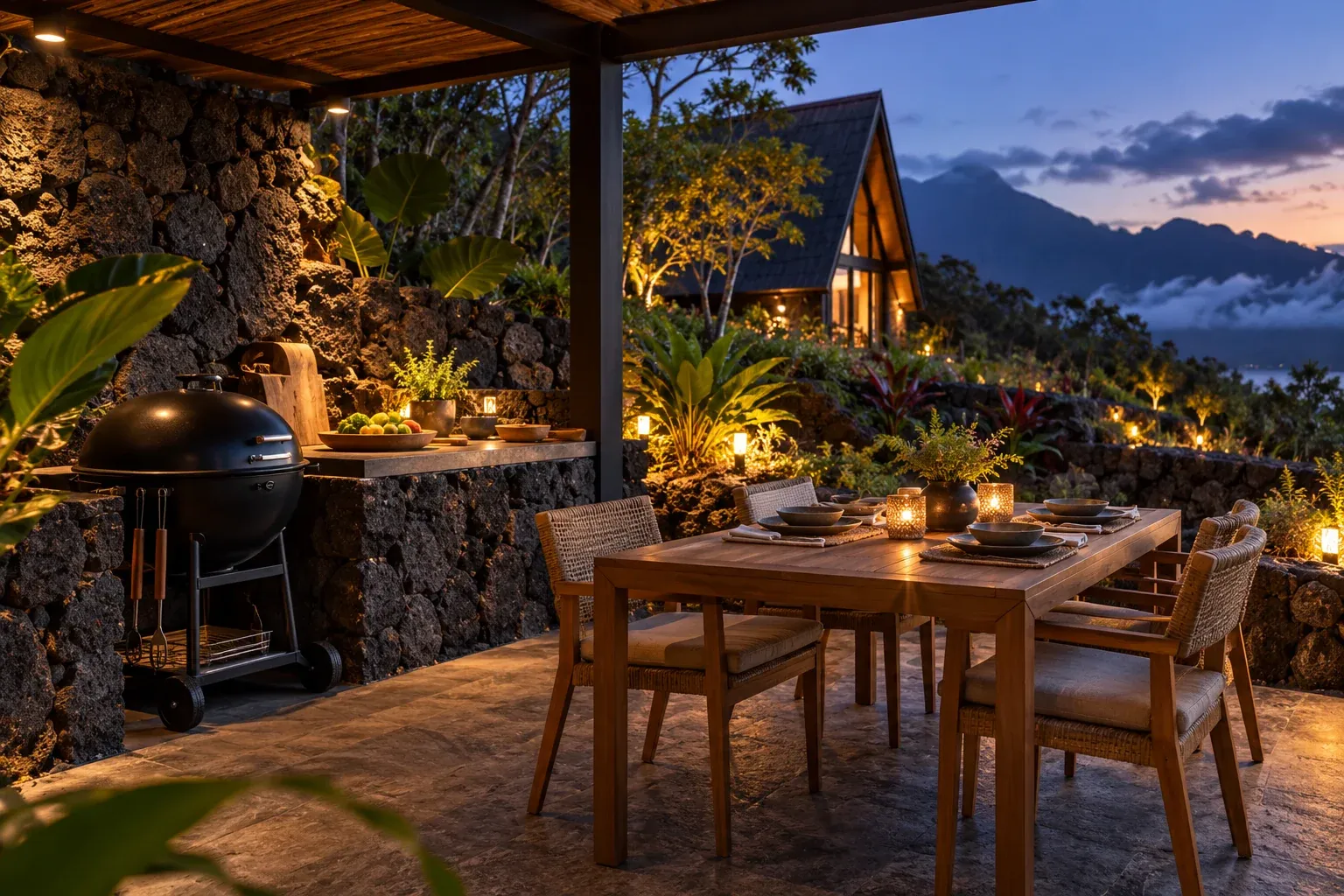 Barbecue terrace with a grill and a table set for dinner, render