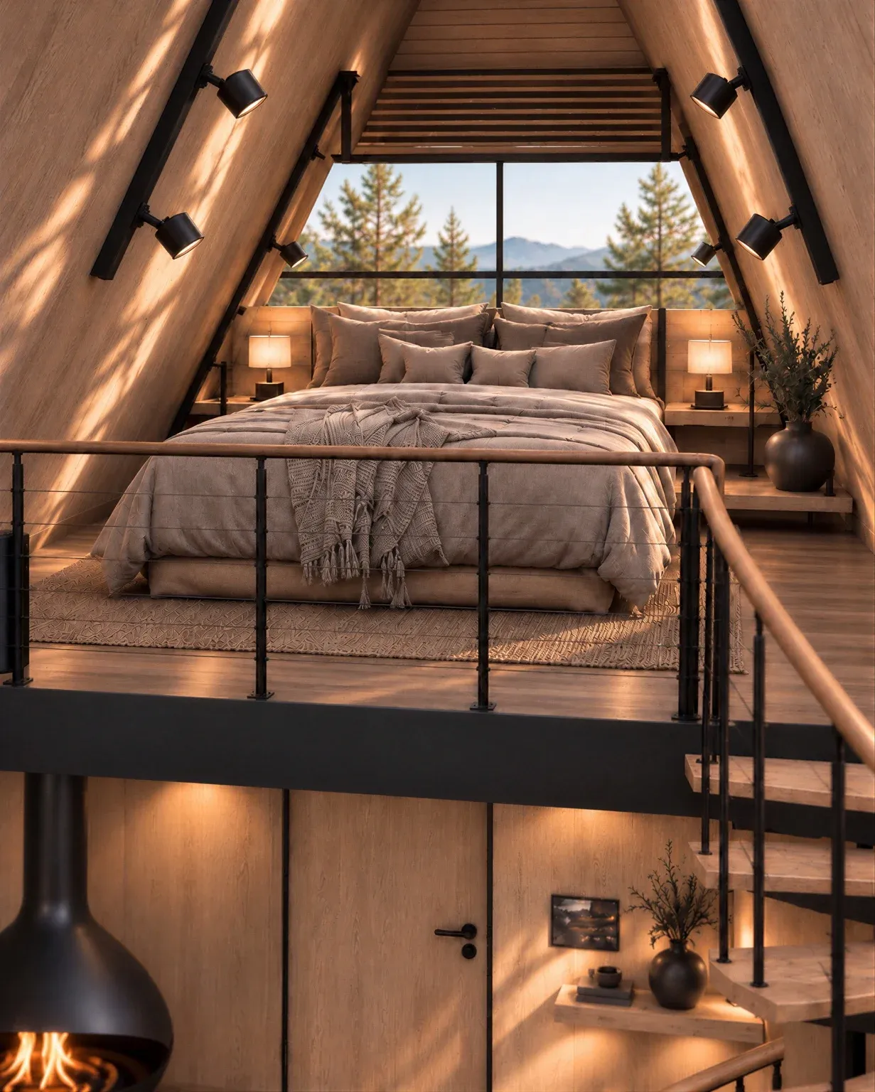 Bed in the sleeping loft under the sloped timber roof, render