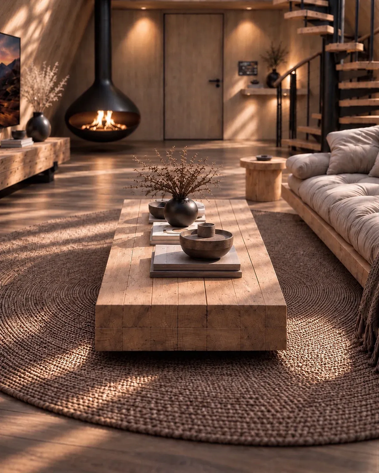 Timber coffee table, sofa and a hanging fireplace in the villa, render