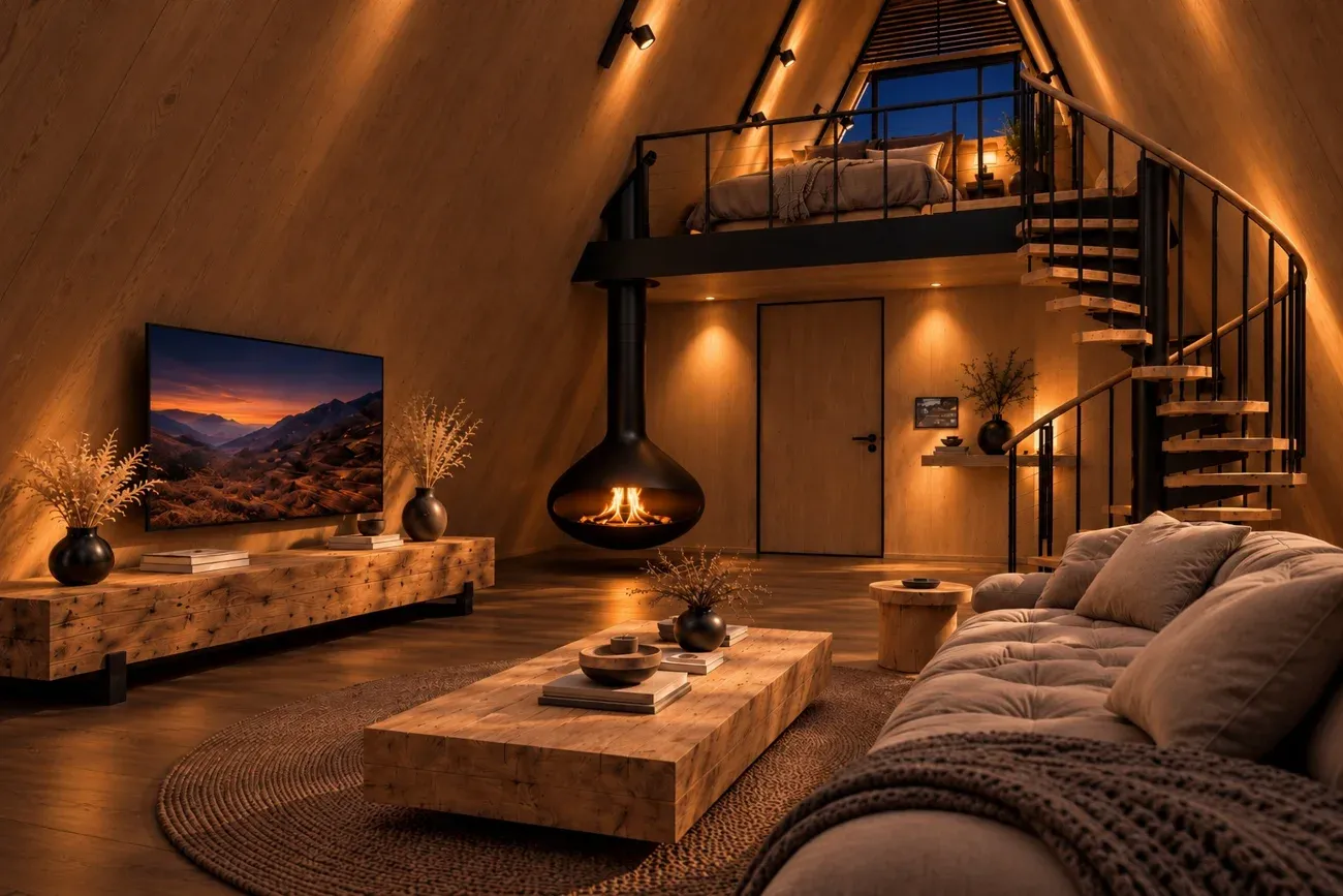 Villa living room in the evening with the fireplace lit, render