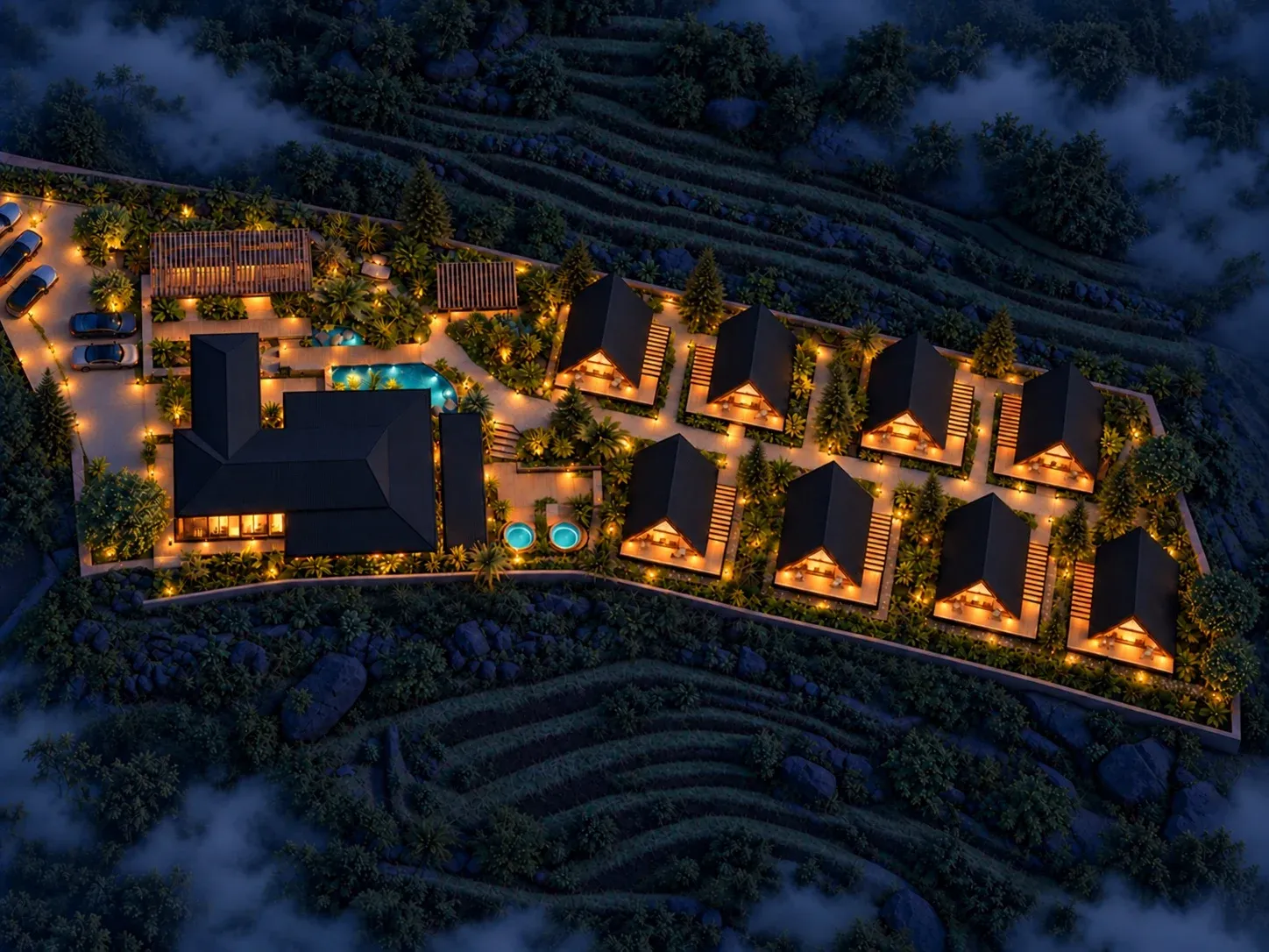 Nord Nest from above at night: villas along the terraced slope, render