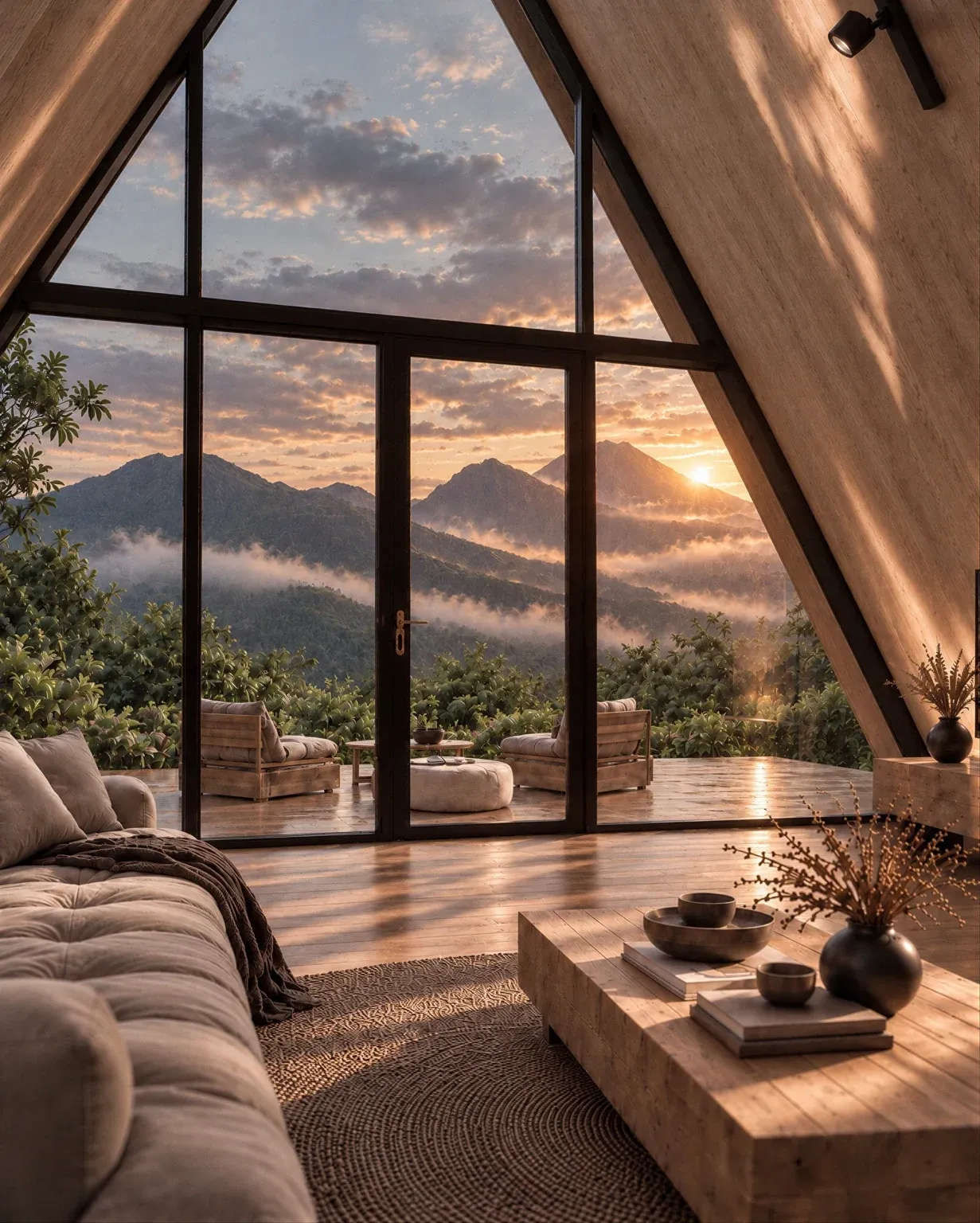 Mountains at sunrise through the villa’s glass wall, render