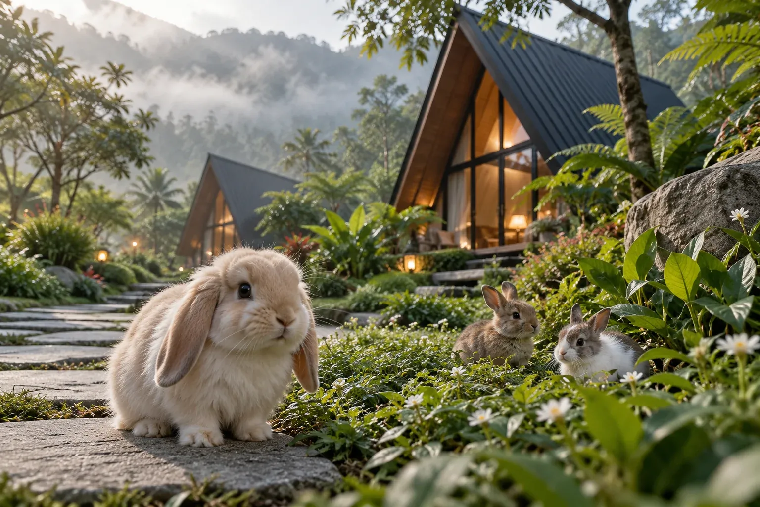 Rabbits in the garden in front of the villas, render