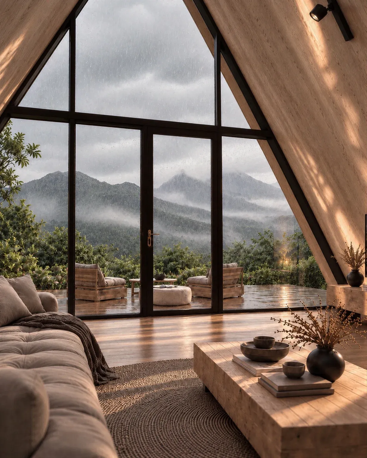 Rain and low cloud over the mountains, seen from the villa, render
