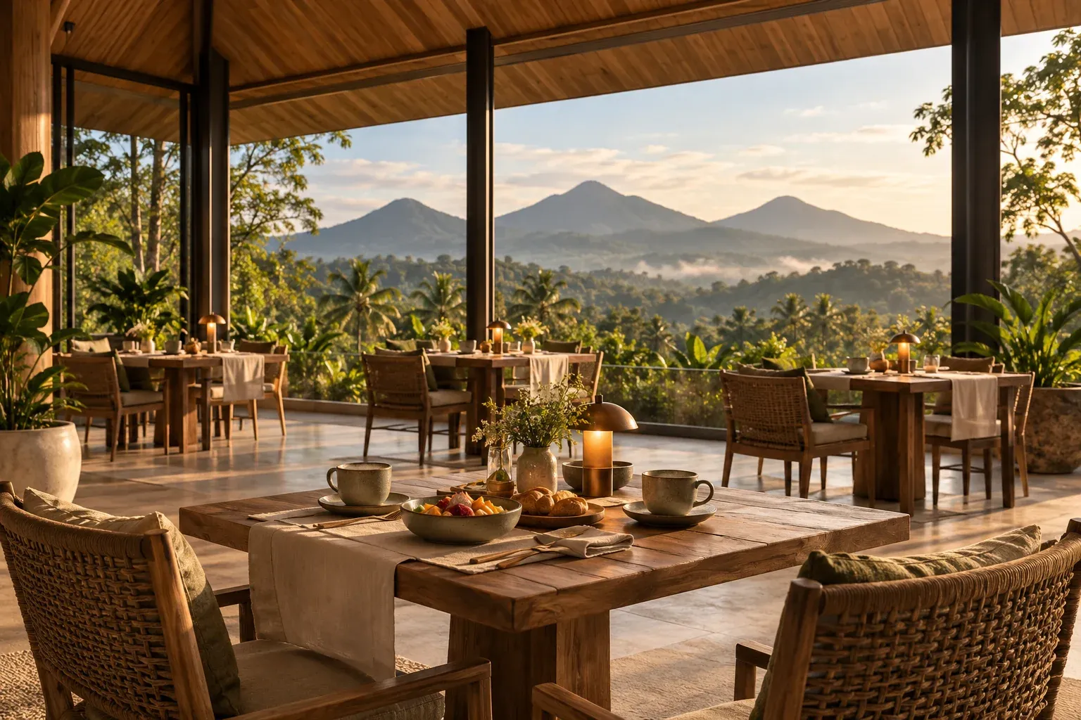 Restaurant with breakfast on the table and a view of three peaks, render