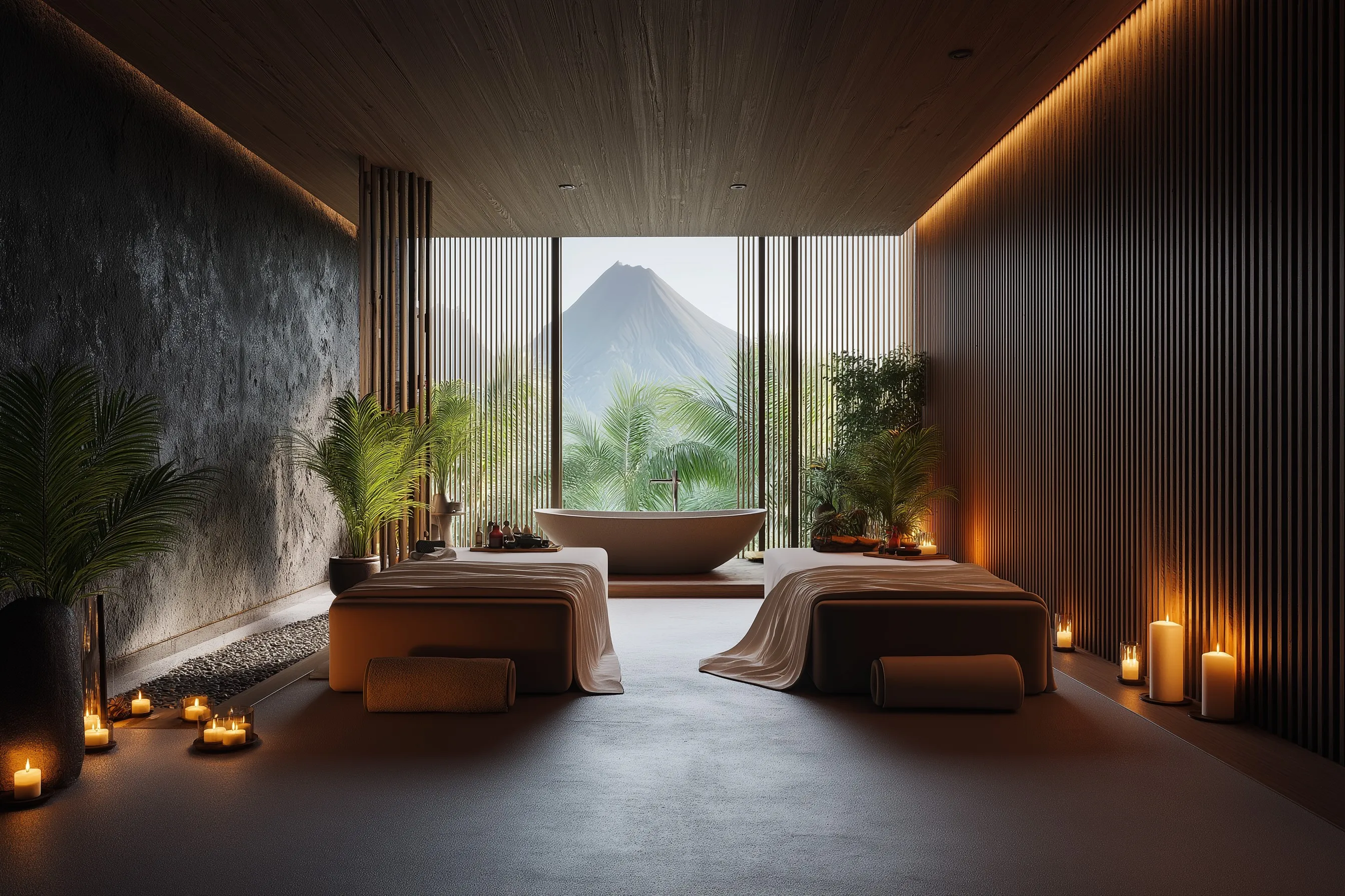 Spa room with two massage tables, candles and a mountain view, render