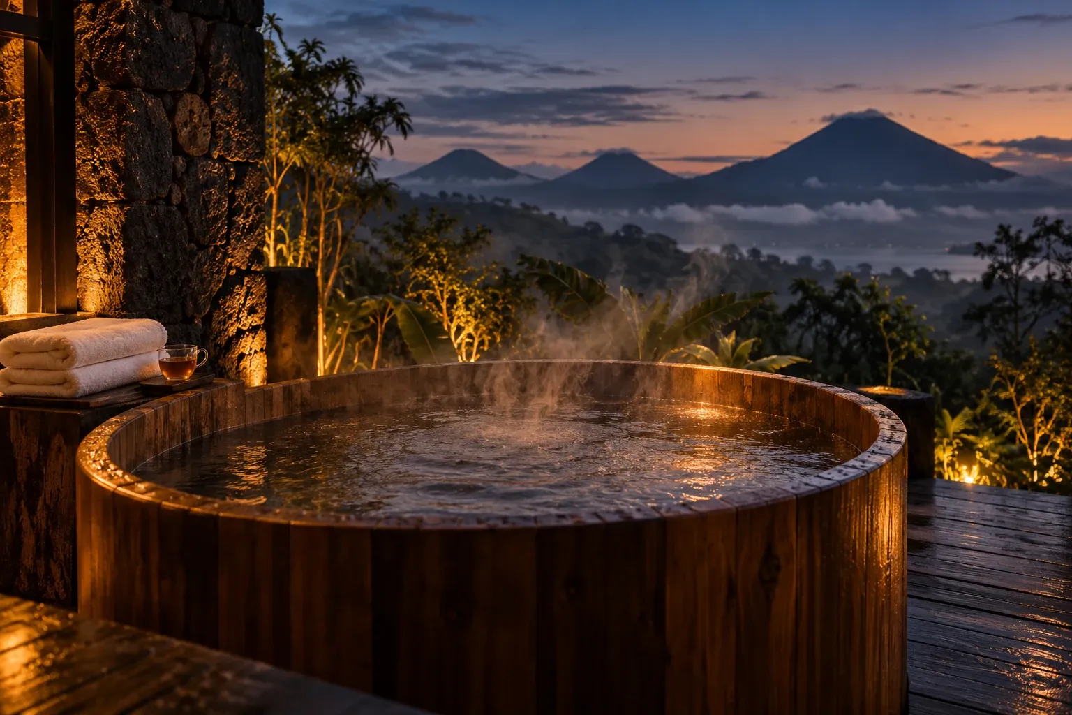 Steaming wood-fired tub on the terrace at dusk, render