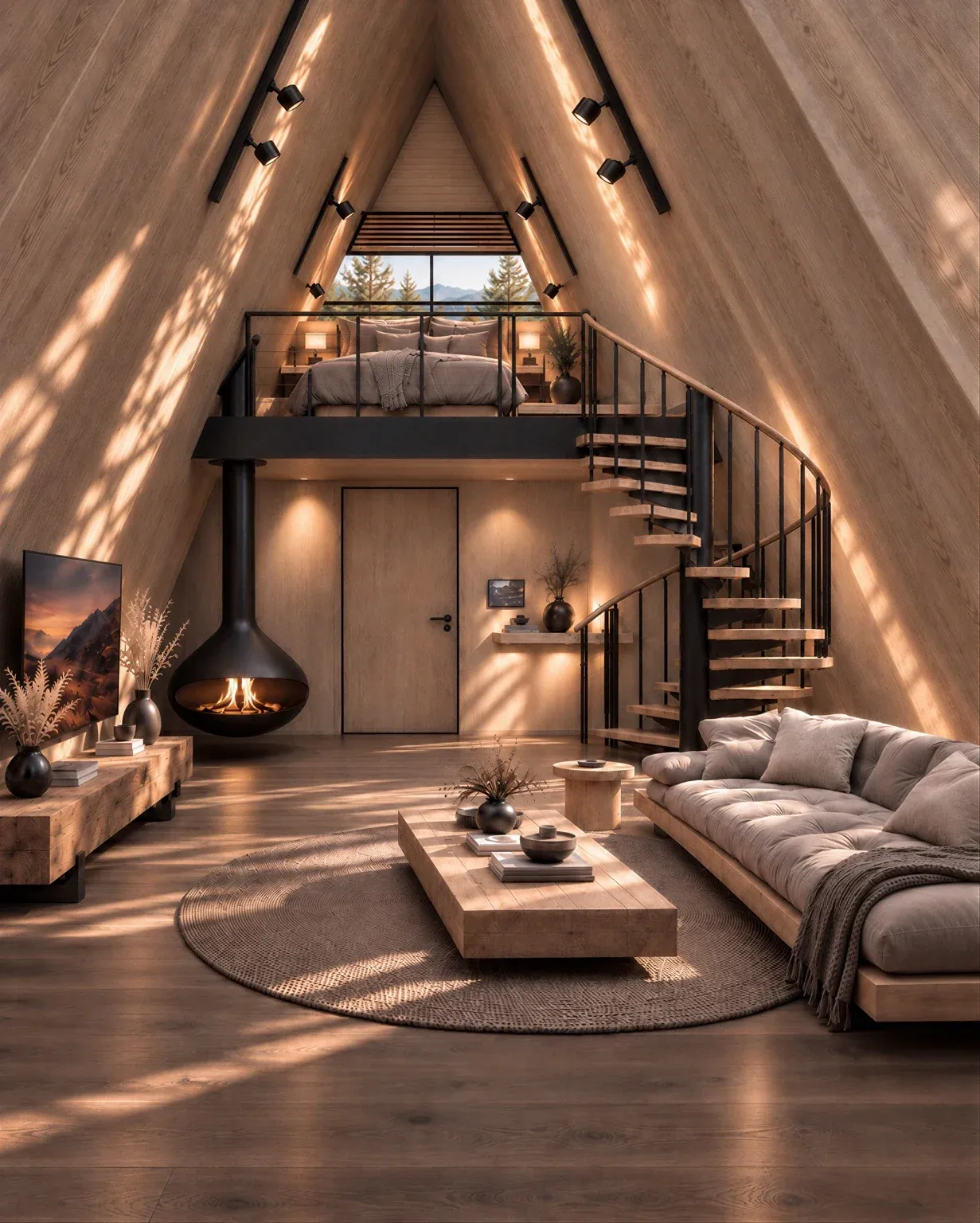 Inside an A-frame villa: living room, fireplace and stairs to the sleeping loft, render