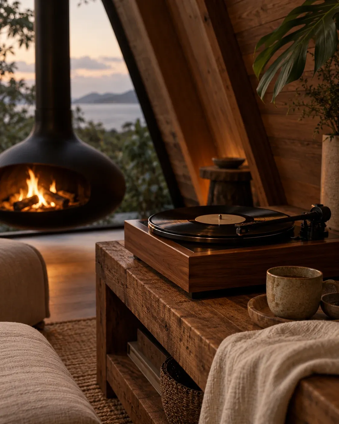 Vinyl record player beside the fireplace, render